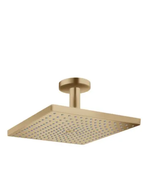 Hansgrohe Kopfbrause mit quadratischer Form und Deckenanschluss in Brushed Bronze. Die Brause hat zahlreiche kleine Düsen für einen gleichmäßigen Wasserstrahl.
